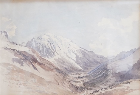 19th century School, 'Mont Blanc from the Col de Bulme', August 22, 1857, unsigned, watercolour, 24 x 36cm, ornate gilt frame